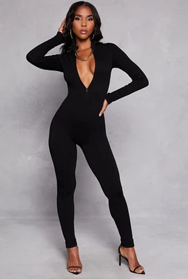 Womens Ribbed Knit Half Zip Long Sleeve Catsuit,