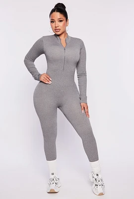 Womens Ribbed Knit Half Zip Long Sleeve Catsuit,