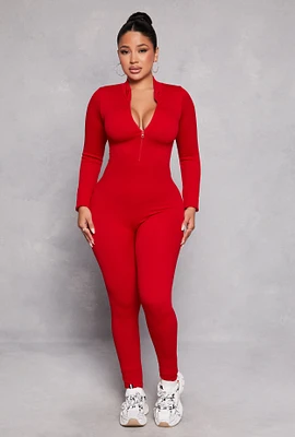 Womens Ribbed Knit Half Zip Long Sleeve Catsuit, Red, Size L