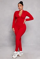 Womens Ribbed Knit Half Zip Long Sleeve Catsuit, Red, Size L