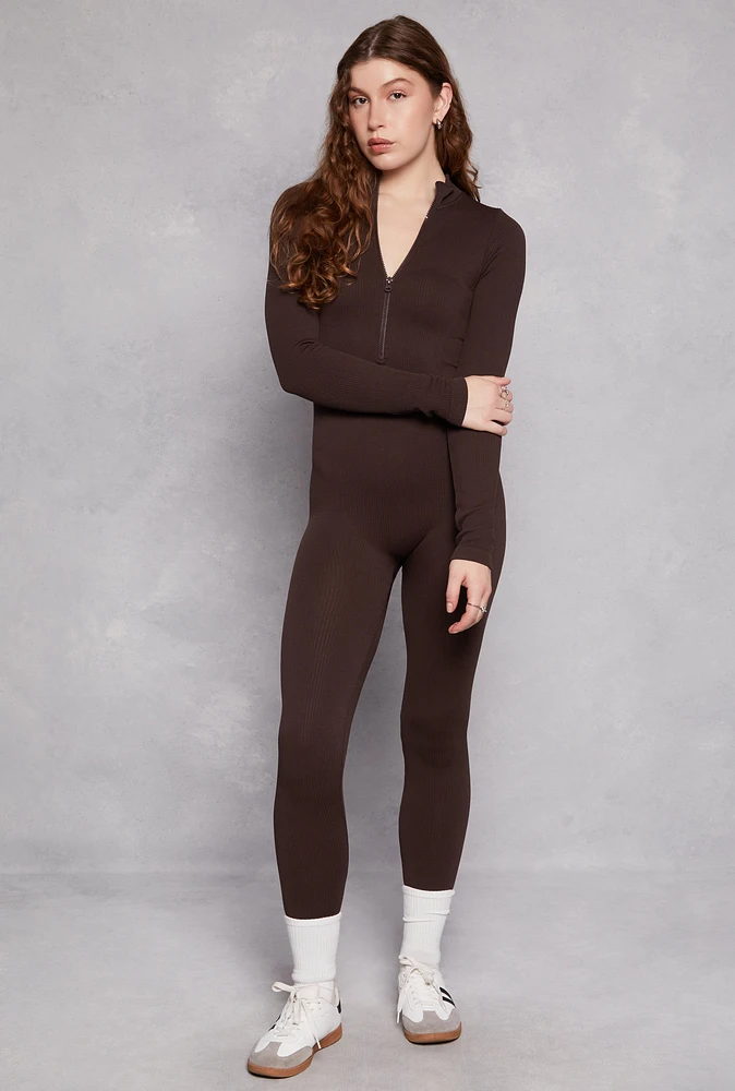 Womens Ribbed Knit Half Zip Long Sleeve Catsuit,