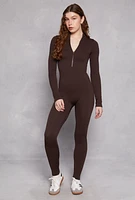 Womens Ribbed Knit Half Zip Long Sleeve Catsuit,