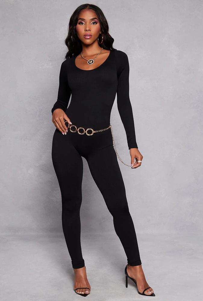 Womens Seamless Ribbed Knit Scoop Neck Catsuit, M