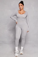 Womens Seamless Ribbed Knit Scoop Neck Catsuit, Grey, Size S