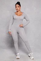 Womens Seamless Ribbed Knit Scoop Neck Catsuit, Grey, Size S