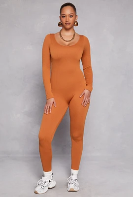 Womens Seamless Ribbed Knit Scoop Neck Catsuit, Orange,