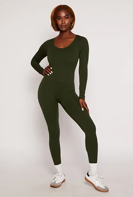 Womens Seamless Ribbed Knit Scoop Neck Catsuit, Green, Size XL