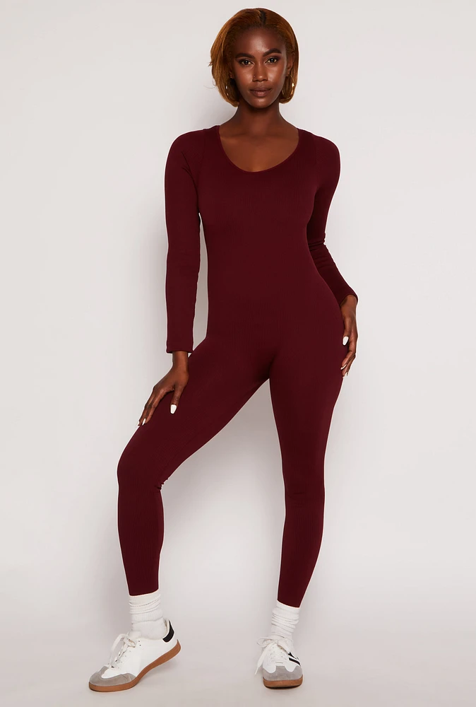 Womens Seamless Ribbed Knit Scoop Neck Catsuit, Burgundy, Size S