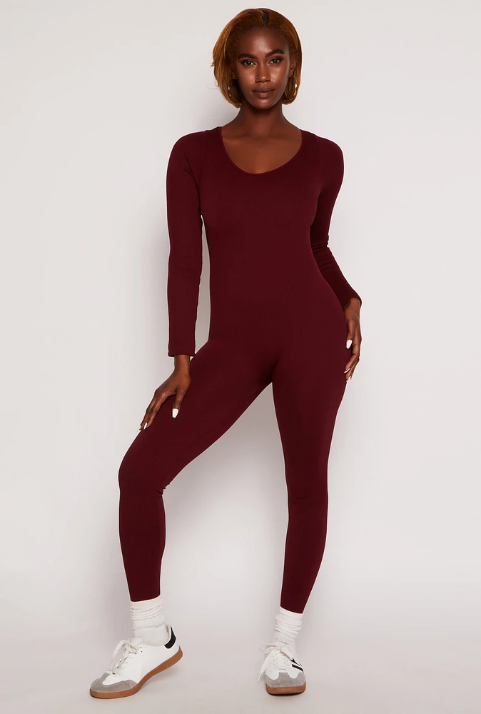 Womens Seamless Ribbed Knit Scoop Neck Catsuit,