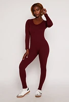 Womens Seamless Ribbed Knit Scoop Neck Catsuit, Burgundy, Size S