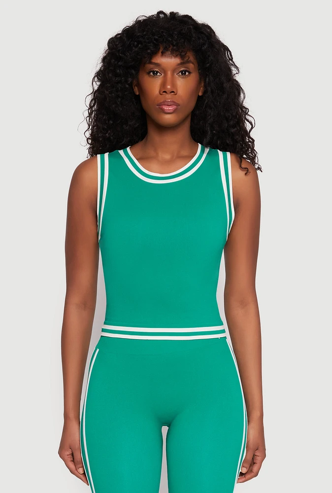 Womens Seamless Varsity Stripe Trim Tank Top, Green, Size S-M