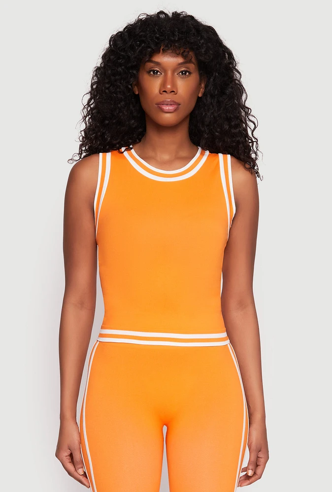 Womens Seamless Varsity Stripe Trim Tank Top, Orange, Size S-M