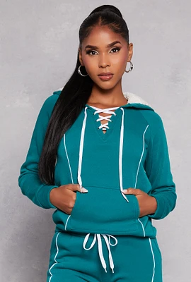 Womens Fleece Contrast Piping Lace Up Pullover Hoodie, Blue, Size S