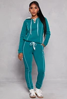Womens Fleece Contrast Piping Lace Up Pullover Hoodie, Blue, Size S