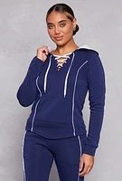 Womens Fleece Contrast Piping Lace Up Pullover Hoodie, Blue,