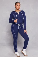 Womens Fleece Contrast Piping Lace Up Pullover Hoodie, Blue,