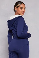 Womens Fleece Contrast Piping Lace Up Pullover Hoodie, Blue,