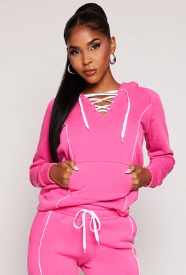 Womens Fleece Contrast Piping Lace Up Pullover Hoodie, Pink, Size S