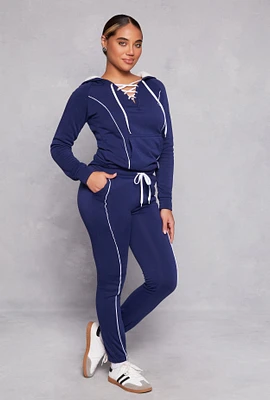 Womens Fleece Drawstring Contrast Piping Joggers,