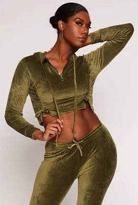 Womens Velour Drawstring Ruched Half Zip Hoodie, Green, Size S