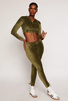Womens Velour Drawstring Ruched Half Zip Hoodie, Green, Size S