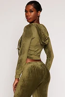 Womens Velour Drawstring Ruched Half Zip Hoodie, Green, Size S