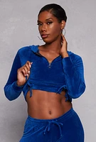 Womens Velour Drawstring Ruched Half Zip Hoodie, Blue, Size M