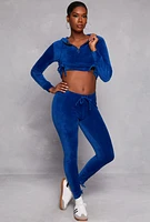 Womens Velour Drawstring Ruched Half Zip Hoodie, Blue, Size M