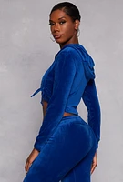 Womens Velour Drawstring Ruched Half Zip Hoodie, Blue, Size M