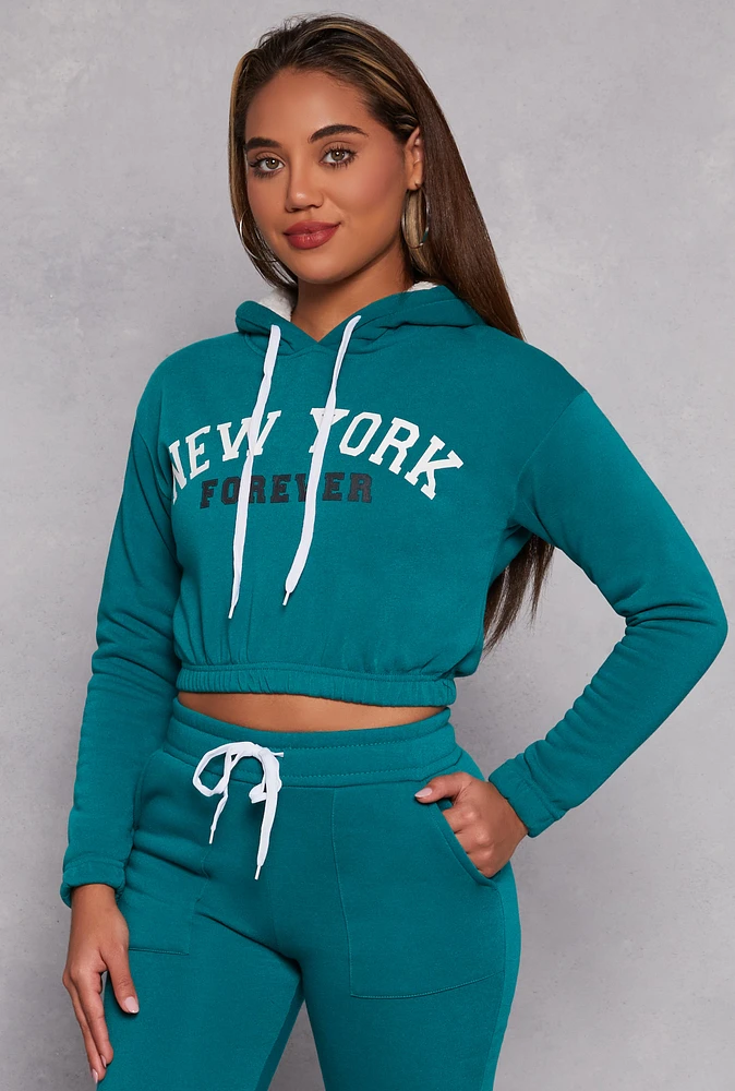Womens New York Forever Graphic Cropped Hoodie,