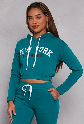 Womens New York Forever Graphic Cropped Hoodie, Blue,