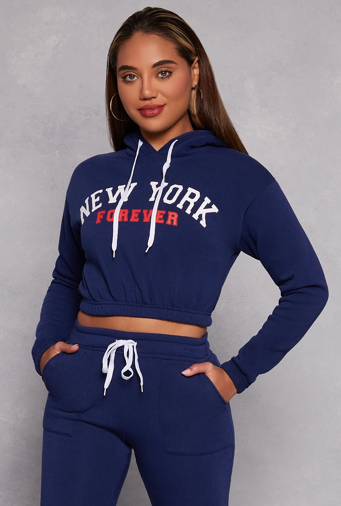 Womens New York Forever Graphic Cropped Hoodie, Blue, Size L