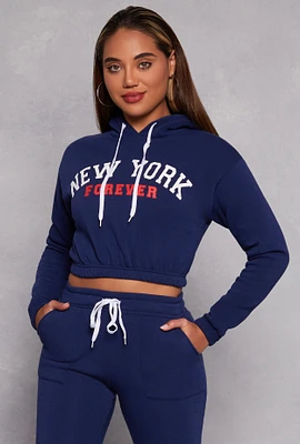 Womens New York Forever Graphic Cropped Hoodie, Blue, Size L