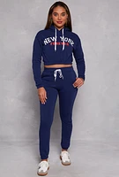 Womens New York Forever Graphic Cropped Hoodie, Blue, Size L