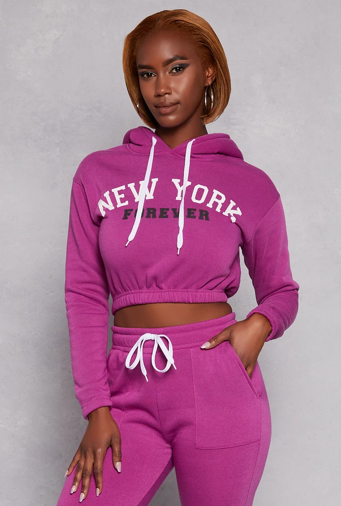 Womens New York Forever Graphic Cropped Hoodie, Purple, Size XL