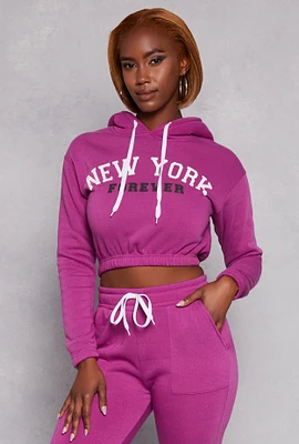 Womens New York Forever Graphic Cropped Hoodie, Purple, Size XL