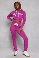 Womens New York Forever Graphic Cropped Hoodie, Purple, Size XL