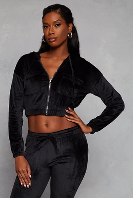 Womens Velour Flap Pocket Zip Front Cropped Hoodie,