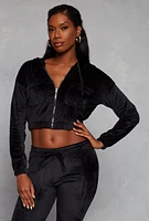 Womens Velour Flap Pocket Zip Front Cropped Hoodie,