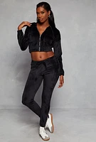 Womens Velour Flap Pocket Zip Front Cropped Hoodie,