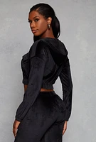 Womens Velour Flap Pocket Zip Front Cropped Hoodie,