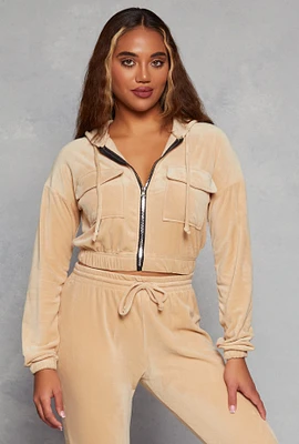 Womens Velour Flap Pocket Zip Front Cropped Hoodie,
