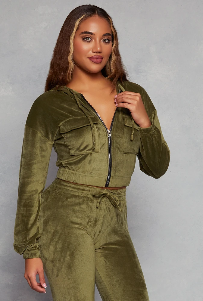 Womens Velour Flap Pocket Zip Front Cropped Hoodie, Green, Size L