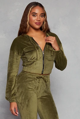 Womens Velour Flap Pocket Zip Front Cropped Hoodie, Green, Size L