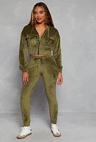 Womens Velour Flap Pocket Zip Front Cropped Hoodie, Green, Size L