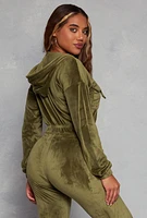 Womens Velour Flap Pocket Zip Front Cropped Hoodie, Green, Size L