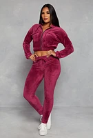 Womens Velour Flap Pocket Zip Front Cropped Hoodie, Burgundy, Size L