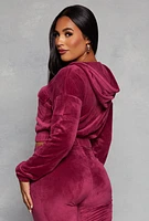 Womens Velour Flap Pocket Zip Front Cropped Hoodie, Burgundy, Size L