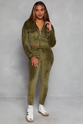 Womens Solid Velour High Waist Drawstring Joggers, Green, Size L