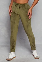 Womens Solid Velour High Waist Drawstring Joggers, Green, Size L